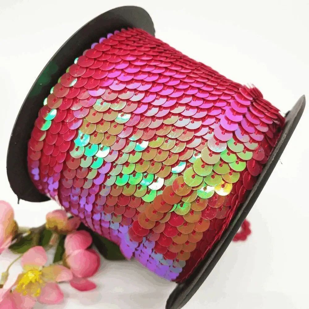 1 Roll of Shiny AB Salmon Fuscia Pink Magenta Sequin Trim 100 Yards 6mm - Brand